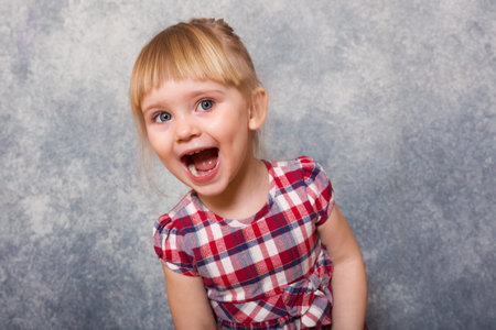 A tiny sweet girl with blond hair wearing a red checkered dress. She makes faces on a gray background. Wide angle and copy space. Child day.の写真素材