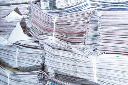 a lot of newspapers lie on the heap in the printing centerの写真素材