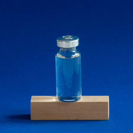 The medical ampoule stands on a wooden cube. Vaccination concept. Copy space and empty place for...