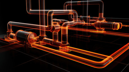 3d rendering of pipelines in red and orange color isolated on black backgroundの素材