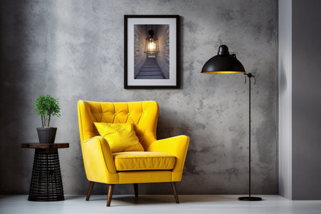 Yellow armchair in modern living room interior with lamp on the wallの素材