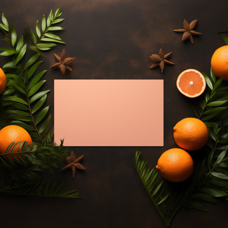 Christmas greeting card. Creative layout made of tropical leaves and oranges. Flat lay, top view, copy spaceの素材