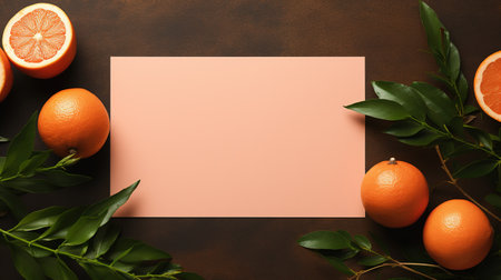 Christmas greeting card. Creative layout made of oranges and green leaves. Flat lay, top view, copy spaceの素材