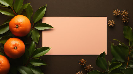 Creative layout made of oranges and green leaves. Flat lay, top view, copy space. Christmas greeting cardの素材