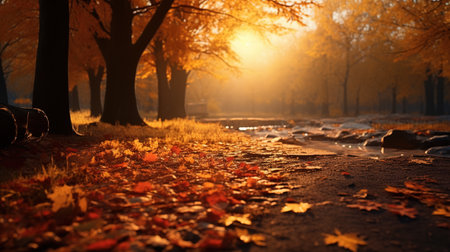 Autumn leaves on the ground in the park. beautiful nature backgroundの素材