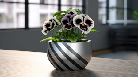 3d render of violets in vase on wooden tableの素材