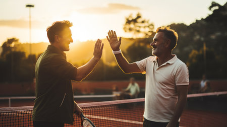 Tennis player giving high five to his partner after winning the match.の素材