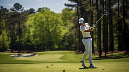 Golfer hitting shot with driver on course at beautiful sunny dayの素材