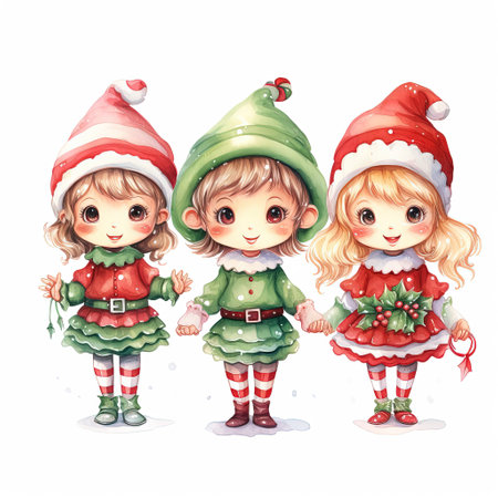 Christmas elves. Hand drawn watercolor illustration isolated on white background.の素材