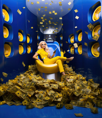 Fashionable blonde woman in yellow suit sitting on a chair in the room with money.の素材