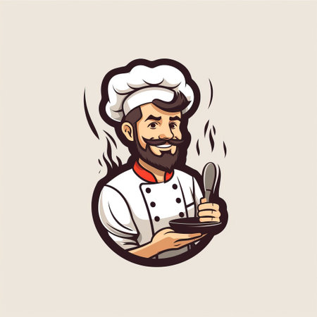 Chef holding a plate with a knife and a fork. Vector illustration.の素材