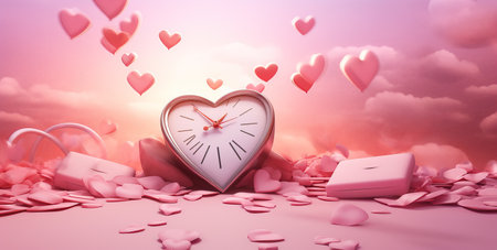 Valentine's day background with clock and hearts. 3d renderingの素材