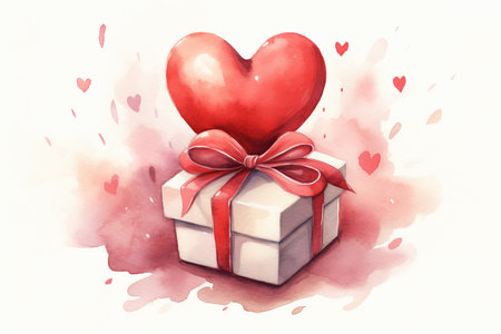 Gift box with heart. Watercolor painting on white background.の素材