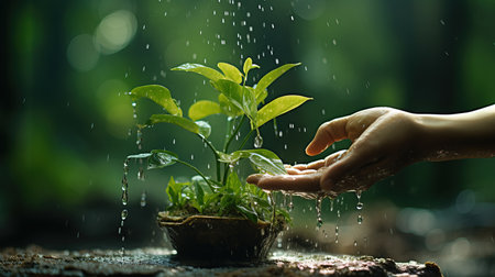 Close up of human hands watering young plant in pot with rain dropsの素材