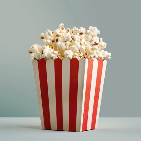 Popcorn in a striped box on a gray background. 3d renderingの素材