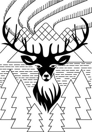 reindeer contour sea mountains forest strict northern lights big hornsのイラスト素材