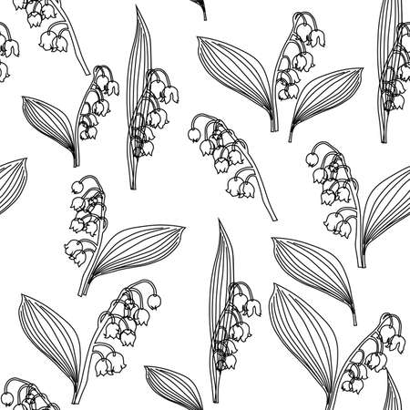 lilies of the valley and leaves pattern outline black white no color neutral beautiful stylish modern design monochrome white black outlineのイラスト素材