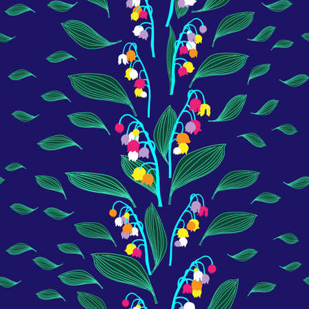 pattern flowers lilies of the valley and leaves vertical bright unusual colored rows of stripes seamless elegantのイラスト素材