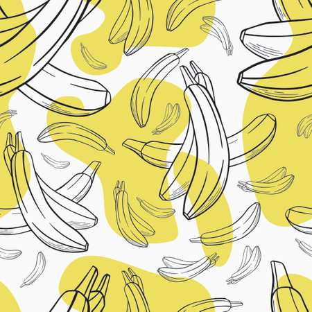 Banana hand drawn seamless pattern with yellow parts on the white background for textile, print, background, highlights. Vector illustrationのイラスト素材