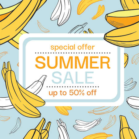 Summer sale design template with yellow banana pattern on blue background for promotion, banner, poster, highlight. Vector illustrationのイラスト素材