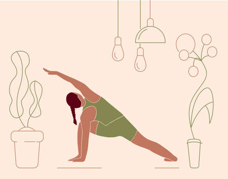 Woman doing yoga exercises, practicing meditation and stretching, minimal trendy vector illustration. Girl character in yoga studio or home. Trendy vector illustrationのイラスト素材