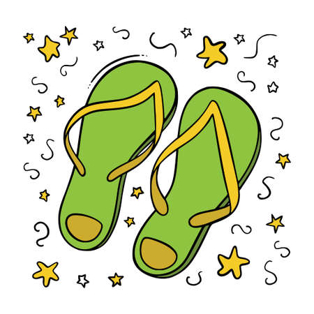 Hand drawn flip-flop summer set doodle icon in color isolated on white background, sign cartoon symbol. Decoration element. Vector illustration.のイラスト素材