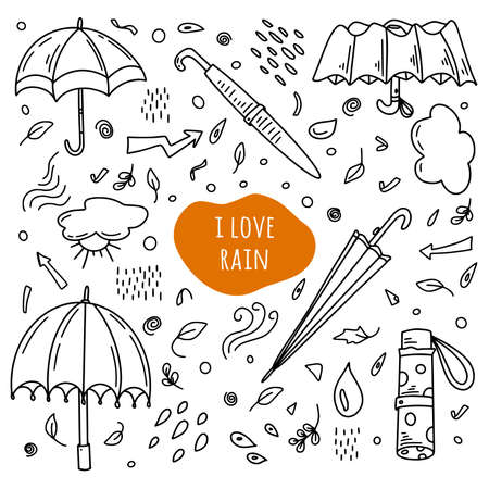 Autumn set of hand drawn umbrellas  in different shapes and forms with decorative elements in black outline on white background. Vector illustration.のイラスト素材
