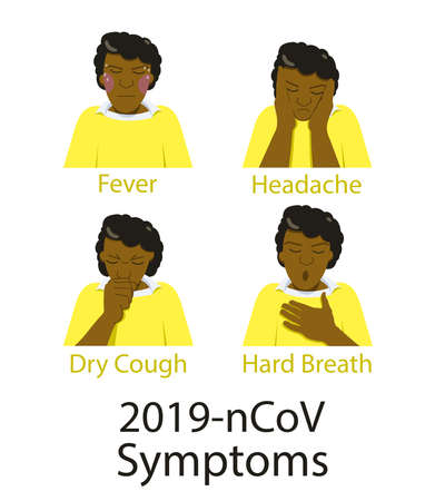 Set of african male characters with illness symptoms. Info graphic.  Cough, Fever, Sneeze, Headache, breathing difficulties. Flat vector illustration.のイラスト素材