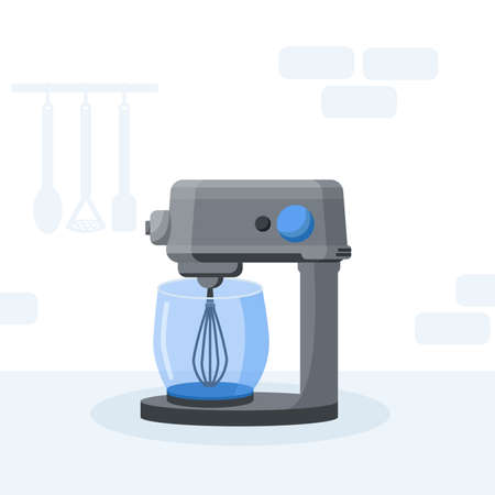 Food mixer in blue color, household cooking device. Kitchen appliances and electronics. Vector illustration in flat style.のイラスト素材