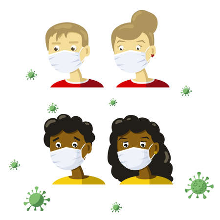 People in white medical face masks to protect themselves from pollution and viruses. Grandparents characters. Flat vector illustration.のイラスト素材