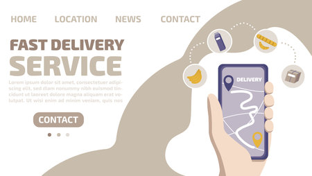 Fast delivery service by smartphone with tracker of delivery and food icon. Quarantine and virus infection prevention. Template for website, landing page. Flat vector illustration.のイラスト素材