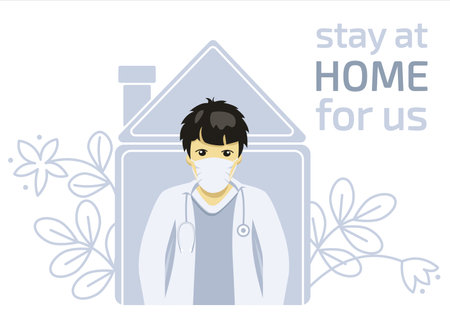 Male doctor wearing medical white mask for preventing symptoms. Doctor warning stay home for us. Vector flat cartoon illustrationのイラスト素材