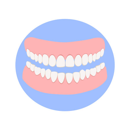 Gums with white teeth or dentures on the blue background, denture icon. Dental prosthesis, tooth orthopedics sign, teeth image, icon dental. Vector illustration in flat style.のイラスト素材