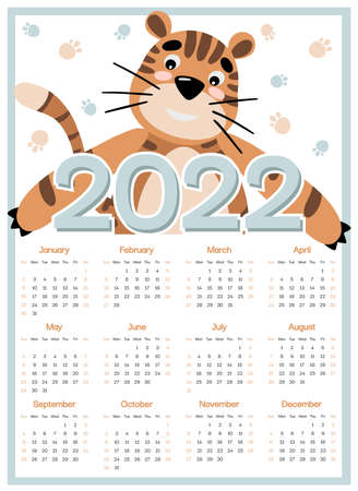 Kids calendar 2022 week starts on Sunday, bear, cartoon character on blue background. Cute animal character with adorable elements, for wall poster, card, agenda, nursery. Vector illustrationのイラスト素材