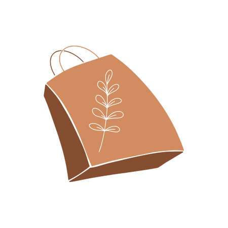Hand drawn eco paper bag from craft paper, grocery store purchases, farmer market concept. Fresh fruits, vegetables buying. Ecology friendly shopping. Vector illustrationのイラスト素材