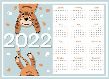 Kids calendar 2022 week starts on Sunday, bear, cartoon character on blue background. Cute animal character with adorable elements, for wall poster, card, agenda, nursery. Vector illustrationのイラスト素材
