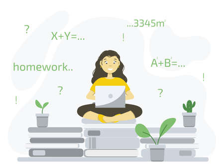 Girl student sitting on the books and study online at home with books and green plants, e-learning. Self isolation concept. Stock vector illustration in flat style.のイラスト素材