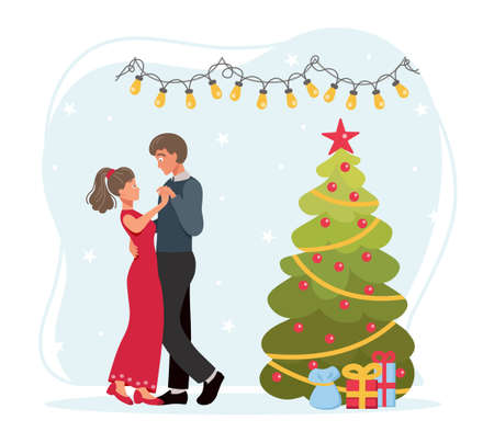 Man in grey suit and woman in red evening dress couple dancing under lights on Christmas Eve near Christmas tree with presents. Flat vector illustration.のイラスト素材