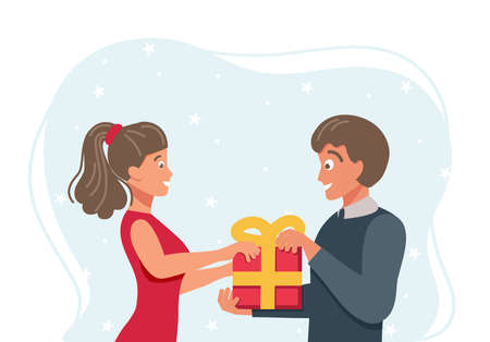 Happy young man and woman, family couple exchange presents on a Christmas Eve. Flat vector illustration.のイラスト素材