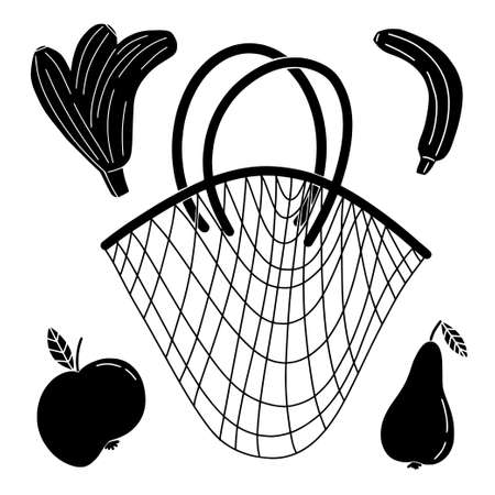 Eco net bag for fresh fruits in black for any color change, vegetables buying, ecology friendly shopping, handbag for purchases and grocery. Hand drawn vector illustrationのイラスト素材