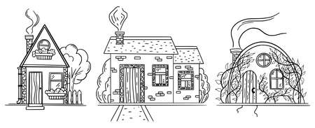 Set of hand drawn cute houses doodle icon silhouette on white background for coloring book. Hand drawn sketch and sign cartoon symbols. Decoration element. Vector illustration.のイラスト素材