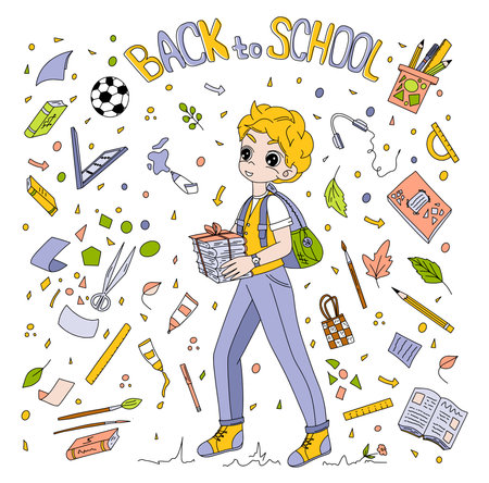 Back to school set of hand drawn illustration with boy in school uniform in color, stationary accessories and lettering for coloring book, poster, cards. Vector illustration.のイラスト素材