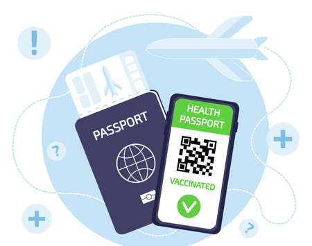 Green passport certificate on mobile phone with QR code and biometric passport for safe travel and flight on blue background, app with online tracking coronavirus infection immune. Vector illustrationのイラスト素材