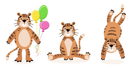 Set of three tigers sitting, standing and jumping, cartoon style in color on white background for new year calendar 2022, t-shirt print, card invitation, nursery poster. Flat vector illustrationのイラスト素材
