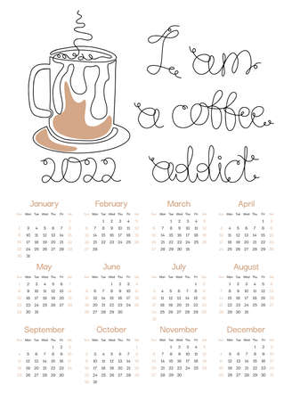 2022 abstract coffee mug Ñalendar design in A4 format, week starts on Sunday, page template. Monthly Wall Calendar 2022. Set of 12 months. Vector illustrationのイラスト素材