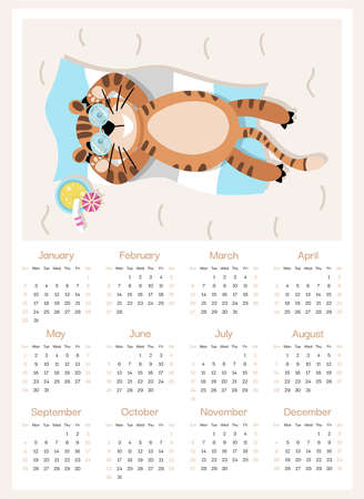 2022 tiger Ñalendar design in A4 format, week starts on Sunday, page template. Monthly Wall Calendar 2022. Set of 12 months. Vector illustrationのイラスト素材