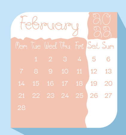 February 2022 calendar planner in pastel color with handwritten letters, week starts on Monday, template, mock up calendar leaf - Illustration. Vector graphic pageのイラスト素材