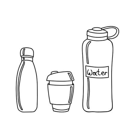 Go green hand drawn set of bottle, coffee mug and tea cup in vector, eco style, no plastic, farmer market concept. Ecology friendly shopping. Vector illustrationのイラスト素材