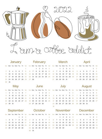 2022 abstract coffee Ñalendar design in A4 format, week starts on Sunday, page template, monthly wall calendar 2022, set of 12 months. Vector illustrationのイラスト素材
