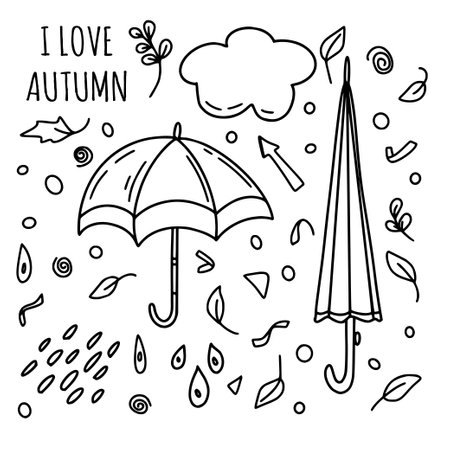 Umbrella set with wording in hand drawn style for autumn concept in different shapes in black and white color isolated on background. Vector illustration.のイラスト素材
